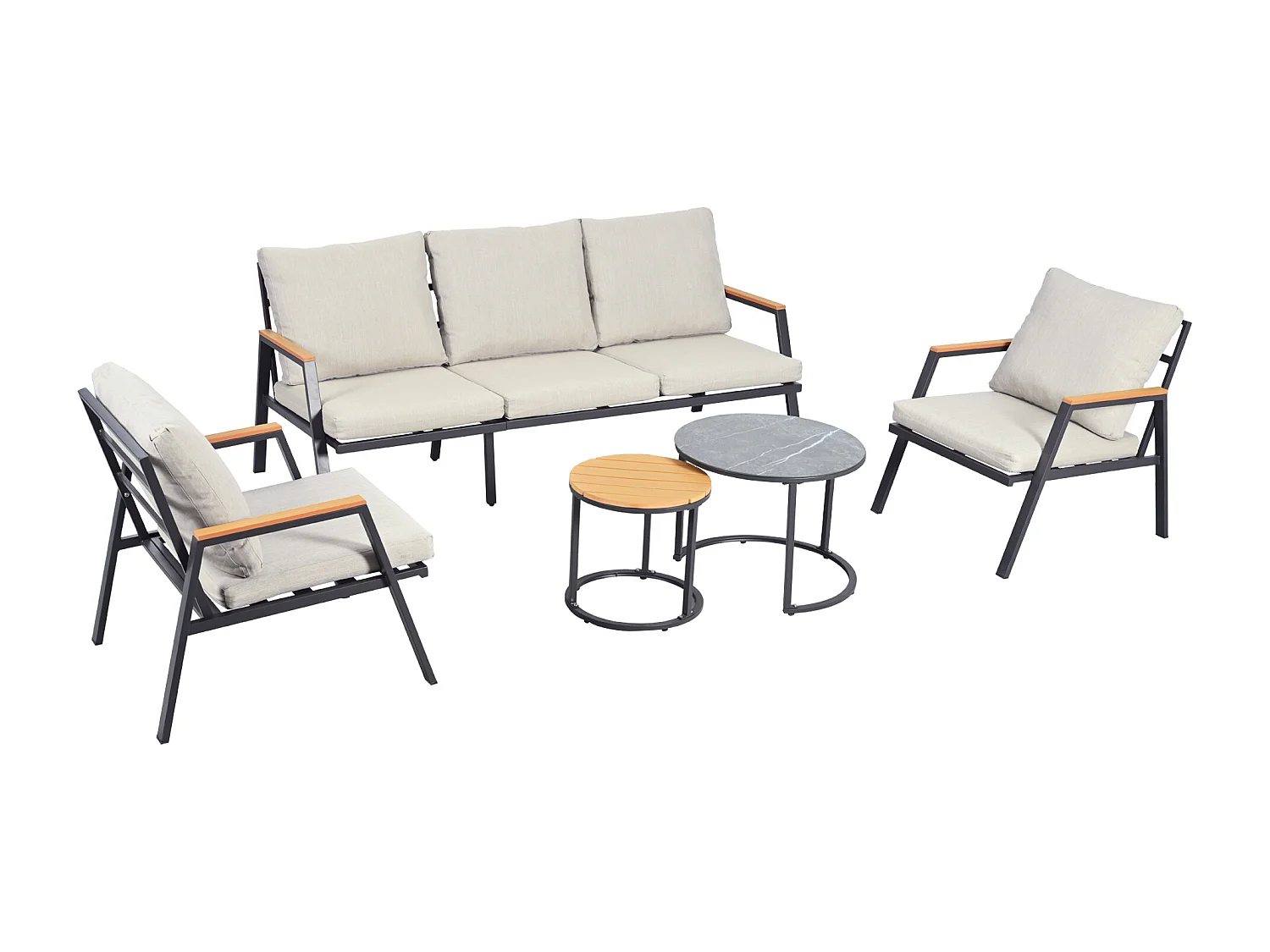 Salon de jardin, ensemble de meubles de jardin, 5 places, canapé 3 places, 2 fauteuils et 2 tables basses, extérieur, acier galvanisé, gris