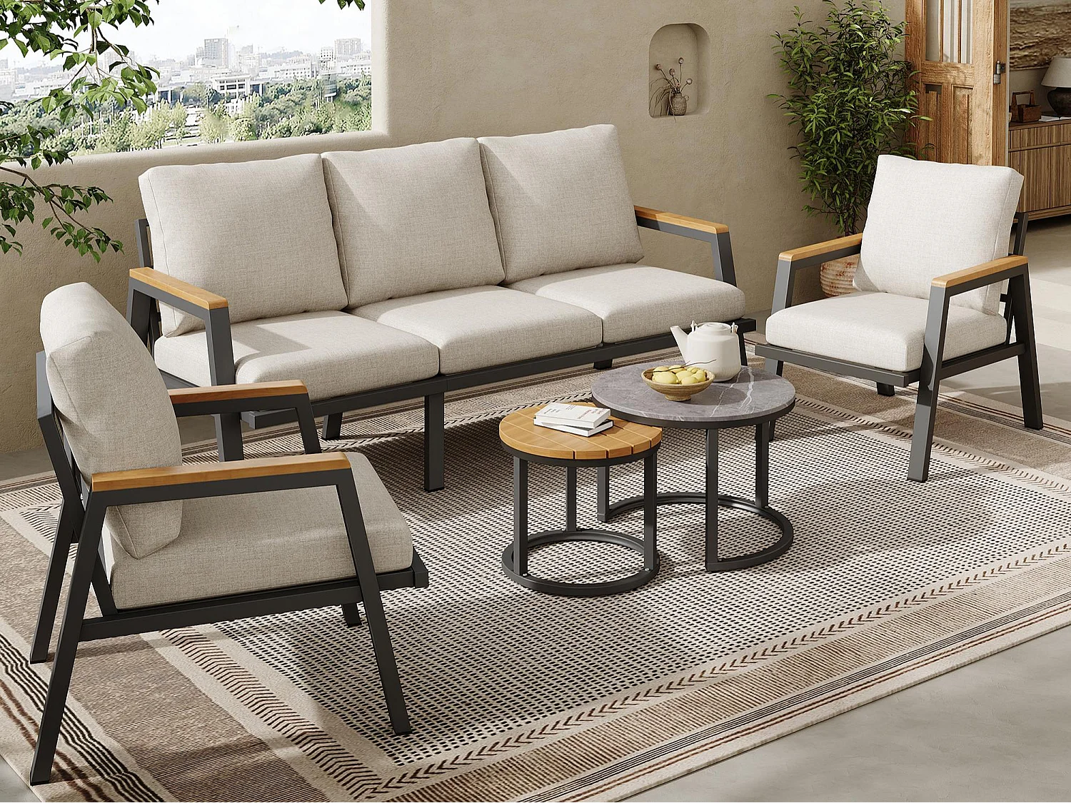 Set da giardino, insieme di mobili da esterno per 5 posti: divano a 3 posti, 2 poltrone e 2 tavolini, esterno, acciaio zincato, colore grigio