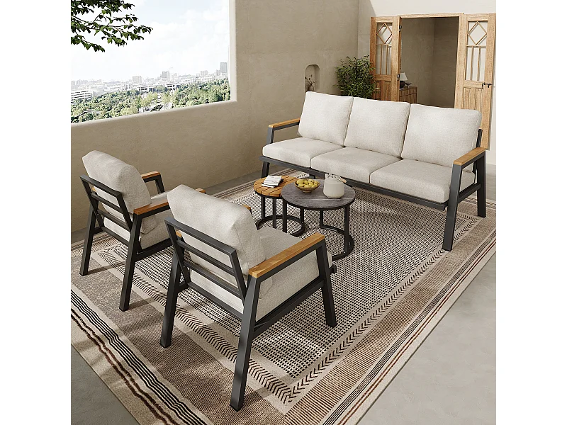 Salon de jardin, ensemble de meubles de jardin, 5 places, canapé 3 places, 2 fauteuils et 2 tables basses, extérieur, acier galvanisé, gris