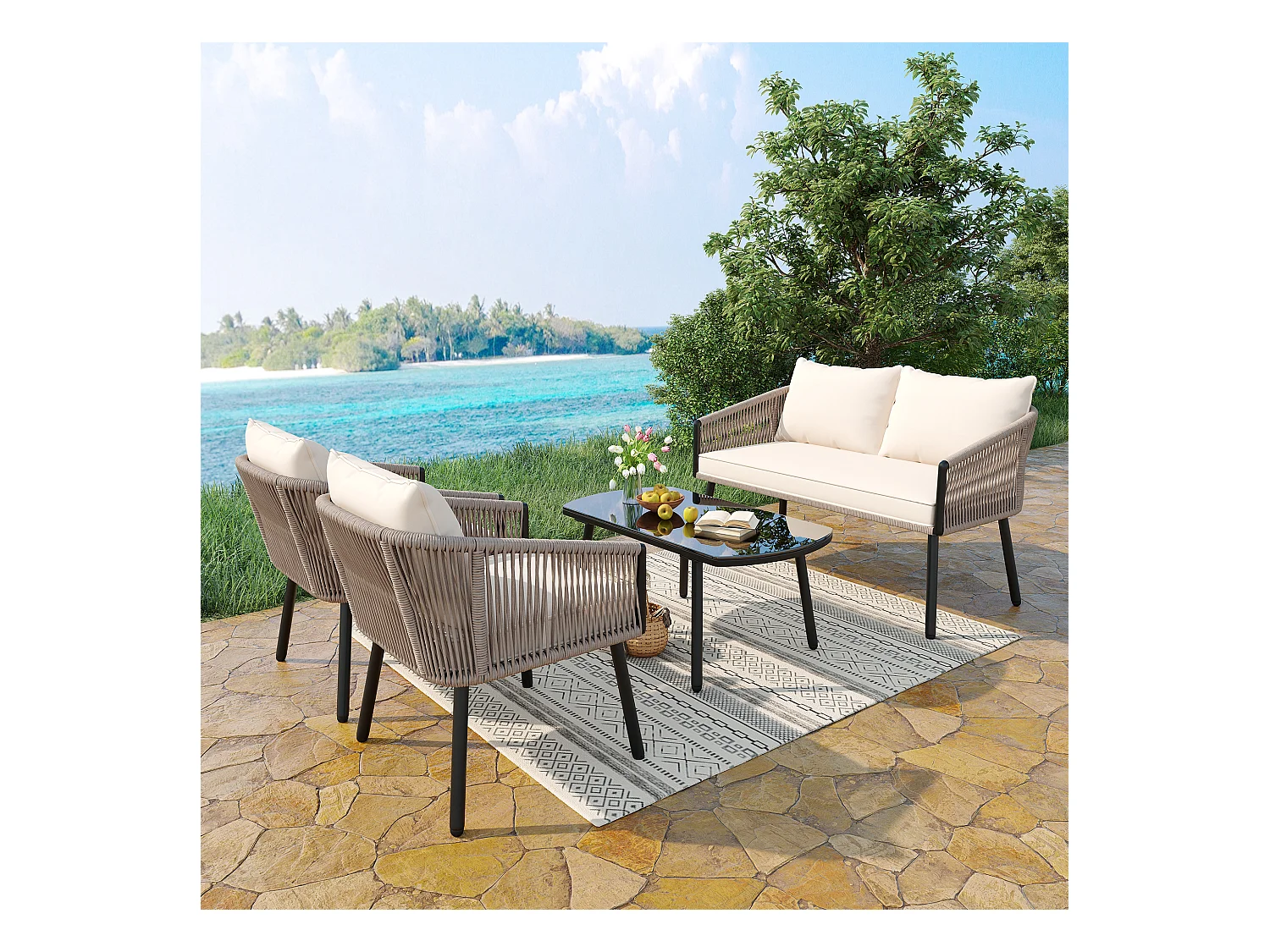 Zestaw mebli ogrodowych, 4 miejsca, kanapa, 2 fotele i stolik kawowy, na zewnątrz, plecionka z włókna PE, stal ocynkowana, beżowy