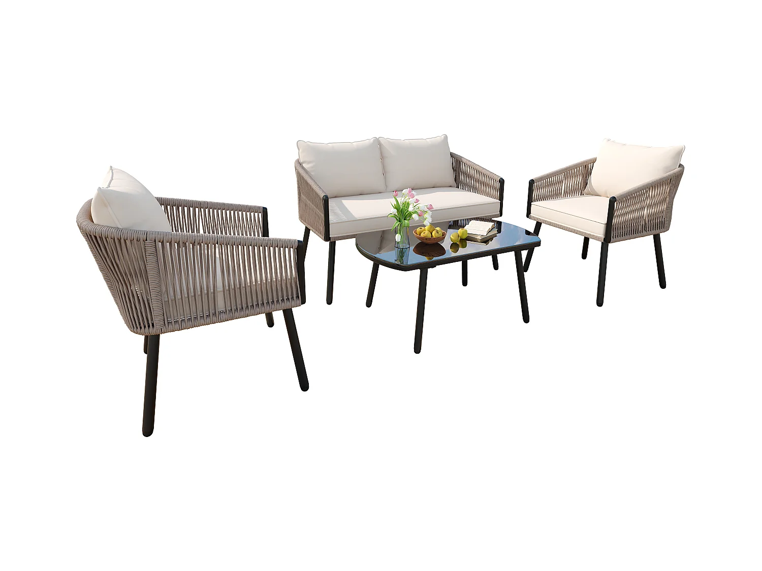 Zestaw mebli ogrodowych, 4 miejsca, kanapa, 2 fotele i stolik kawowy, na zewnątrz, plecionka z włókna PE, stal ocynkowana, beżowy