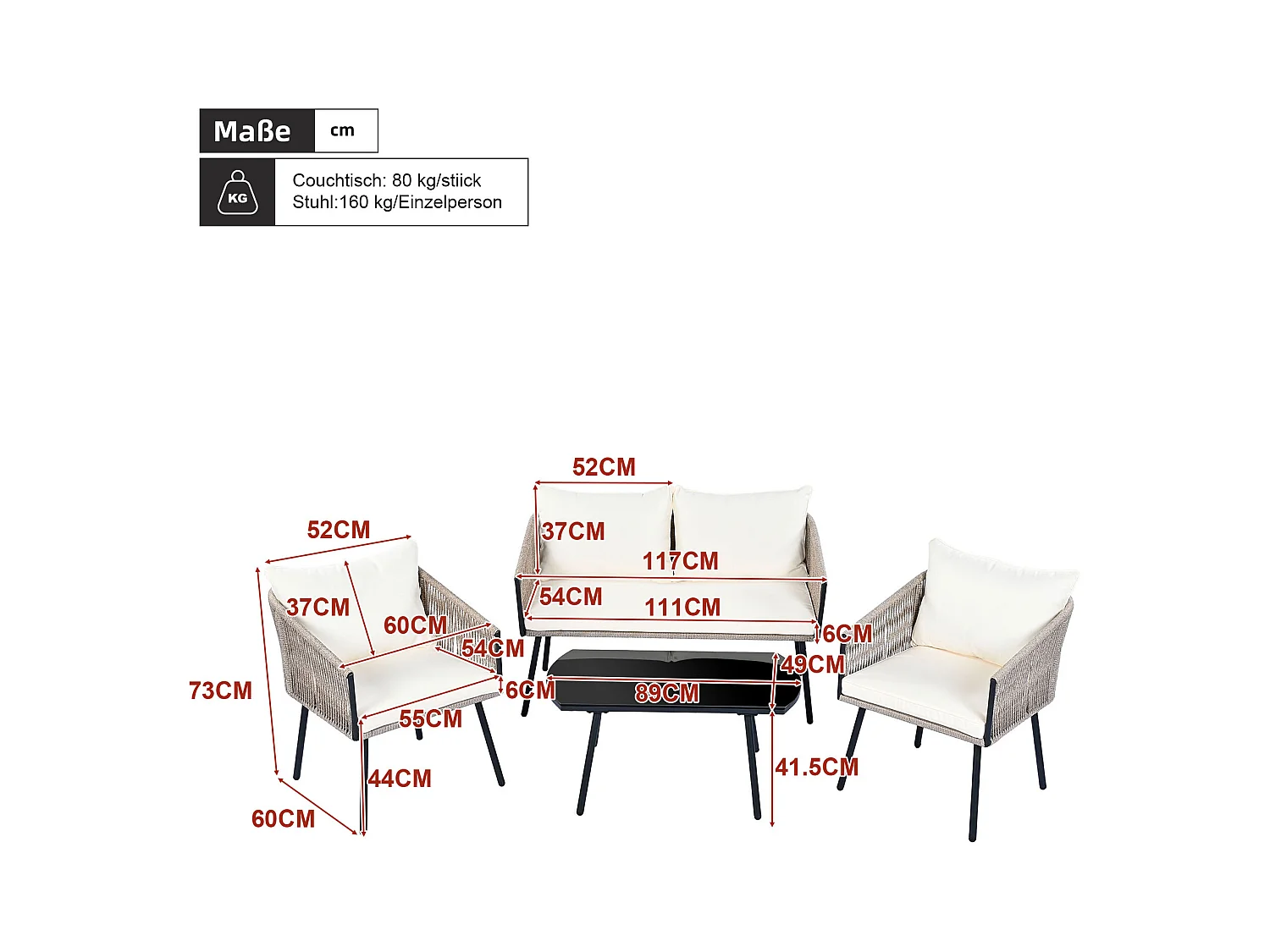 Zestaw mebli ogrodowych, 4 miejsca, kanapa, 2 fotele i stolik kawowy, na zewnątrz, plecionka z włókna PE, stal ocynkowana, beżowy