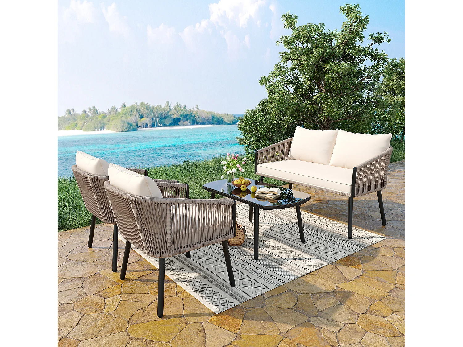 Salon de jardin, ensemble de meubles de jardin, 4 places, canapé, 2 fauteuils et table basse, extérieur, corde PE tressée, acier galvanisé, beige