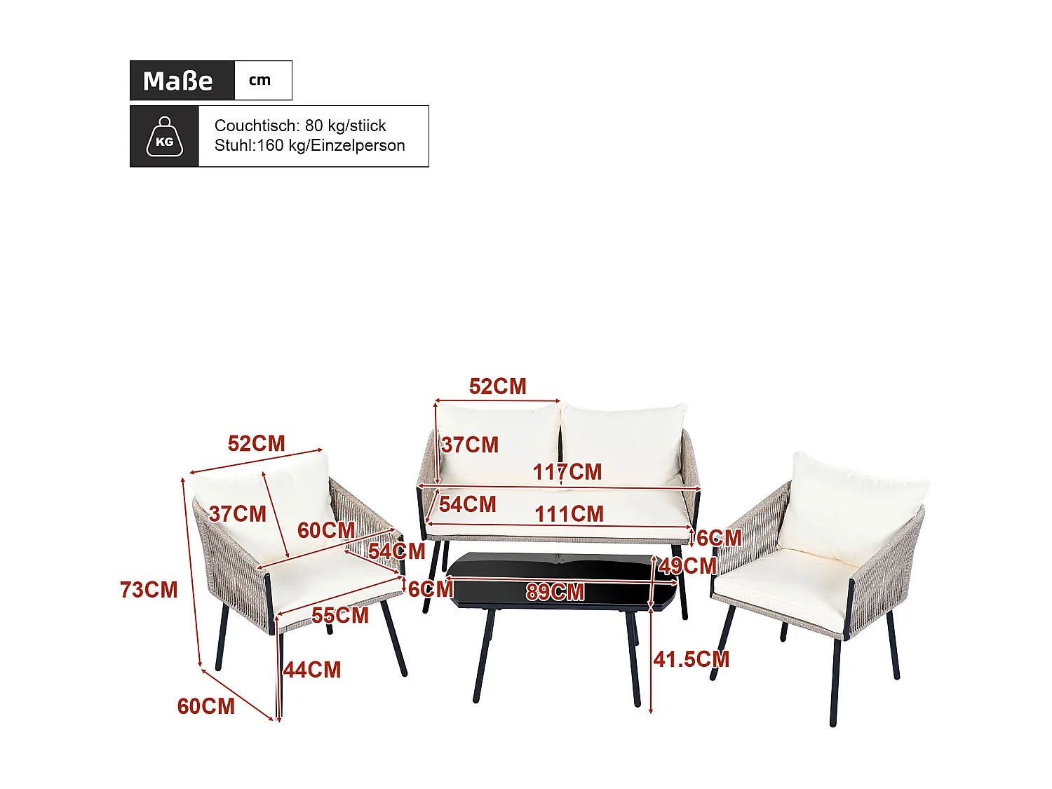 Salon de jardin, ensemble de meubles de jardin, 4 places, canapé, 2 fauteuils et table basse, extérieur, corde PE tressée, acier galvanisé, beige