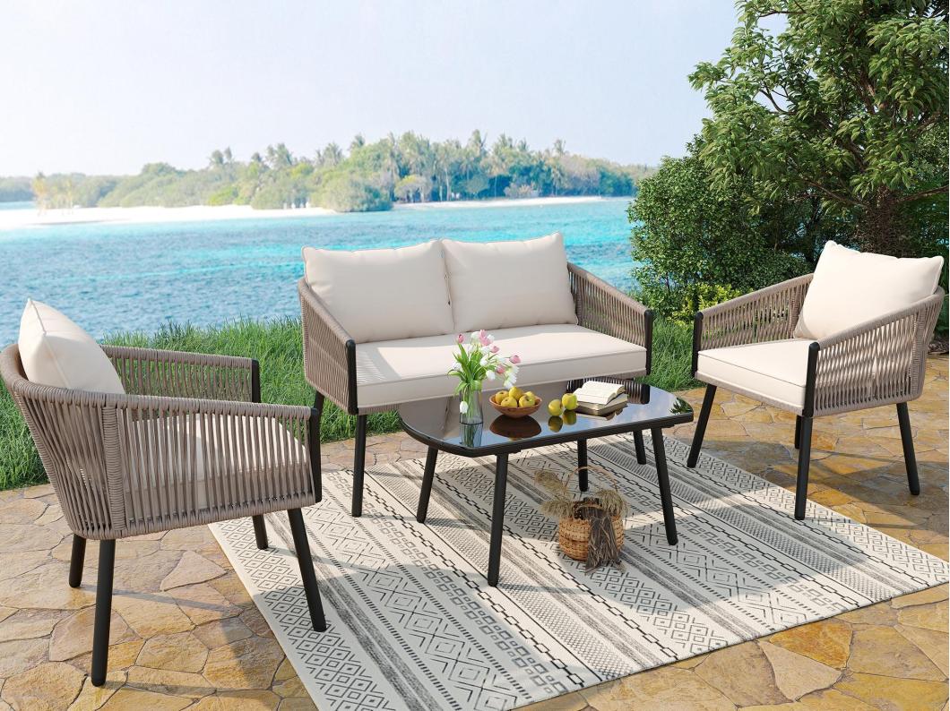 Salon de jardin, ensemble de meubles de jardin, 4 places, canapé, 2 fauteuils et table basse, extérieur, corde PE tressée, acier galvanisé, beige