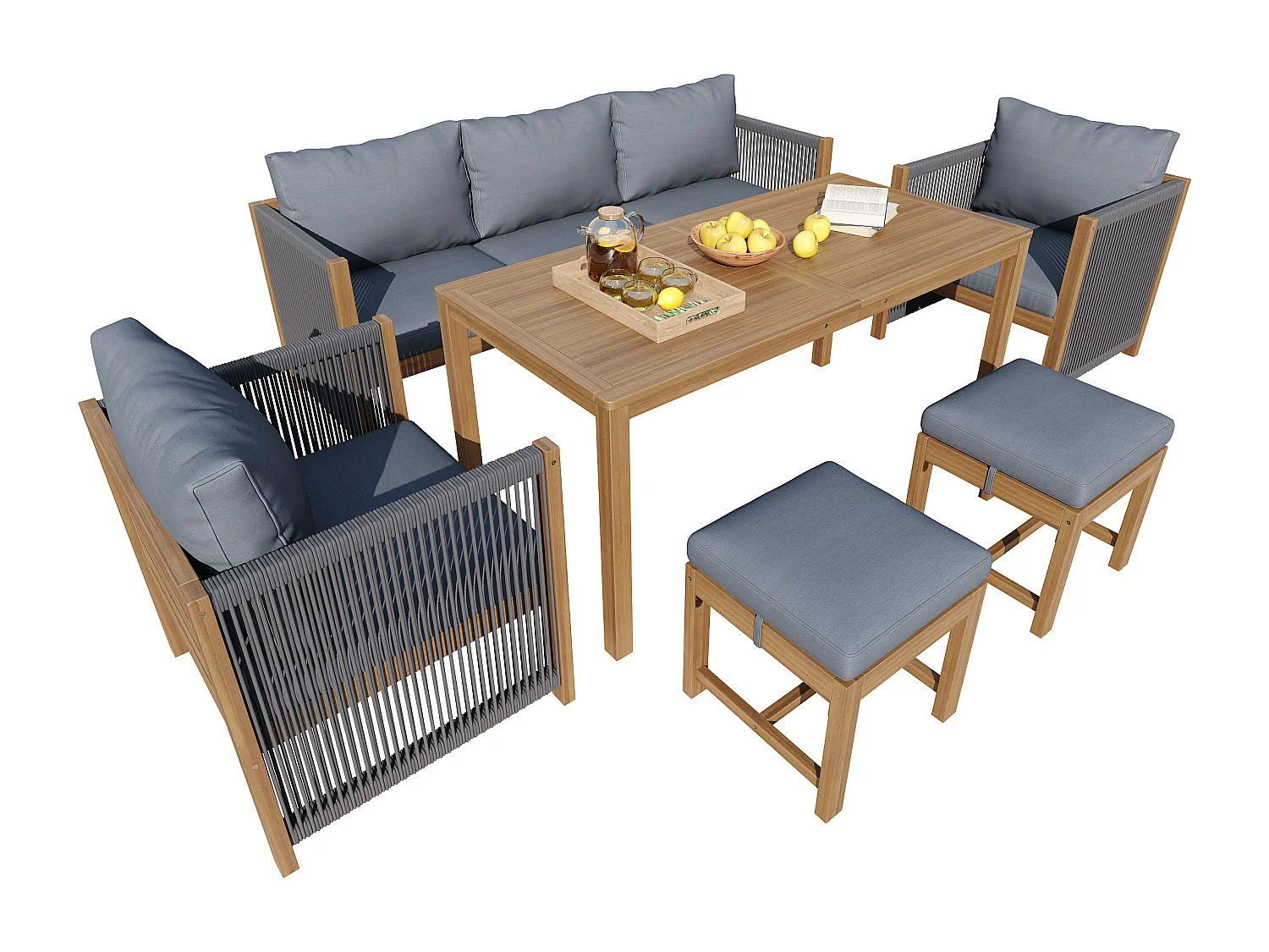 Ensemble de salle à manger de jardin pour 7 places, canapé, 2 canapés simples, 2 tabourets, table à manger, plateau en acacia, acier galvanisé, gris