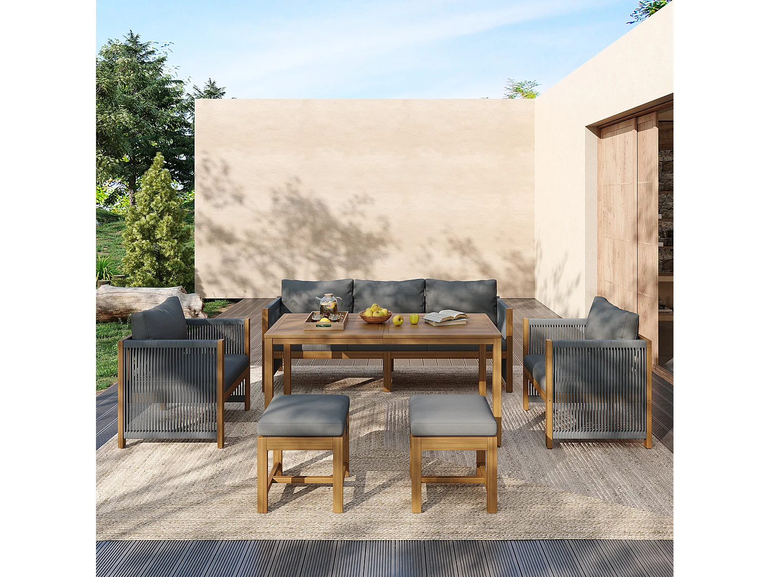 Ensemble de salle à manger de jardin pour 7 places, canapé, 2 canapés simples, 2 tabourets, table à manger, plateau en acacia, acier galvanisé, gris