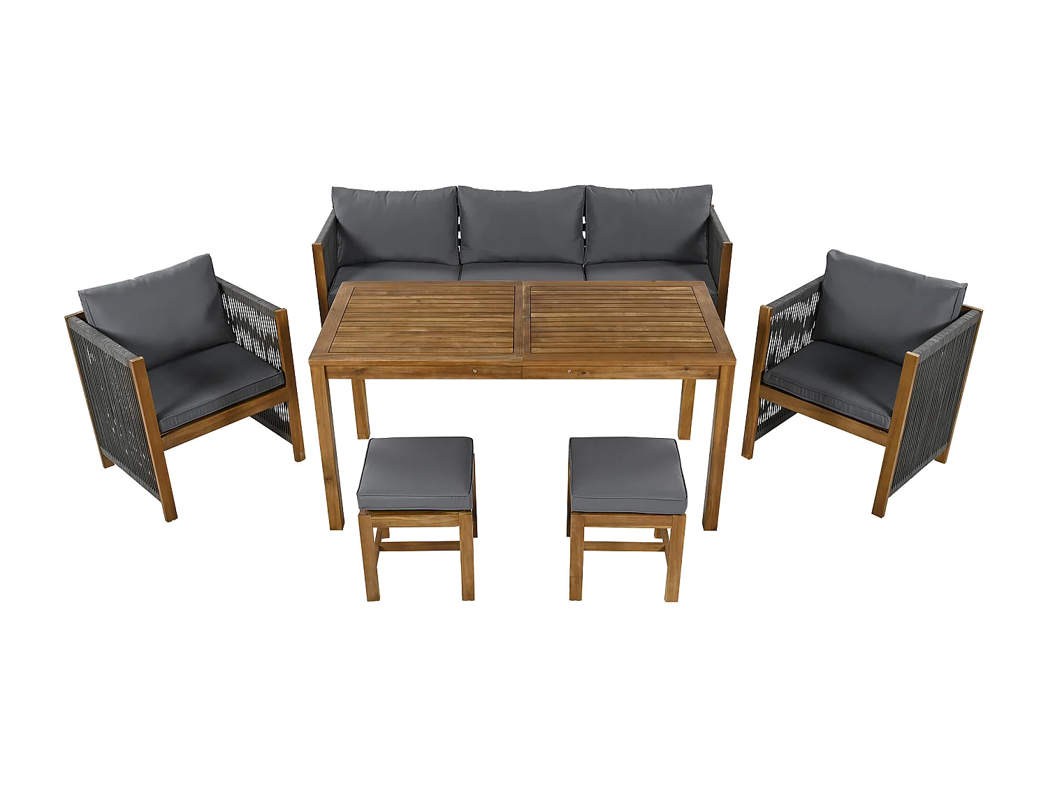 Ensemble de salle à manger de jardin pour 7 places, canapé, 2 canapés simples, 2 tabourets, table à manger, plateau en acacia, acier galvanisé, gris