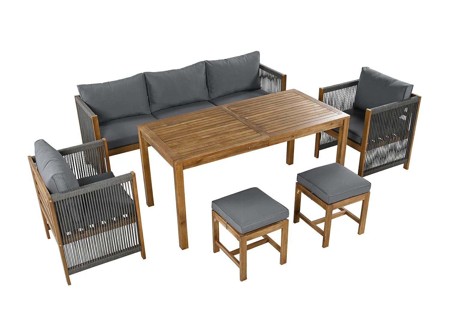 Ensemble de salle à manger de jardin pour 7 places, canapé, 2 canapés simples, 2 tabourets, table à manger, plateau en acacia, acier galvanisé, gris