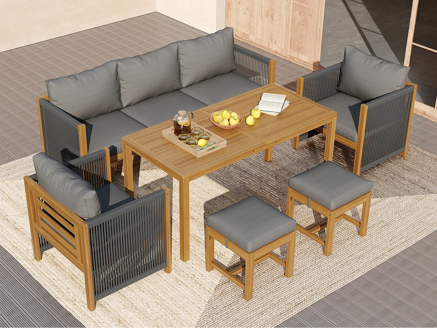 Ensemble de salle à manger de jardin pour 7 places, canapé, 2 canapés simples, 2 tabourets, table à manger, plateau en acacia, acier galvanisé, gris