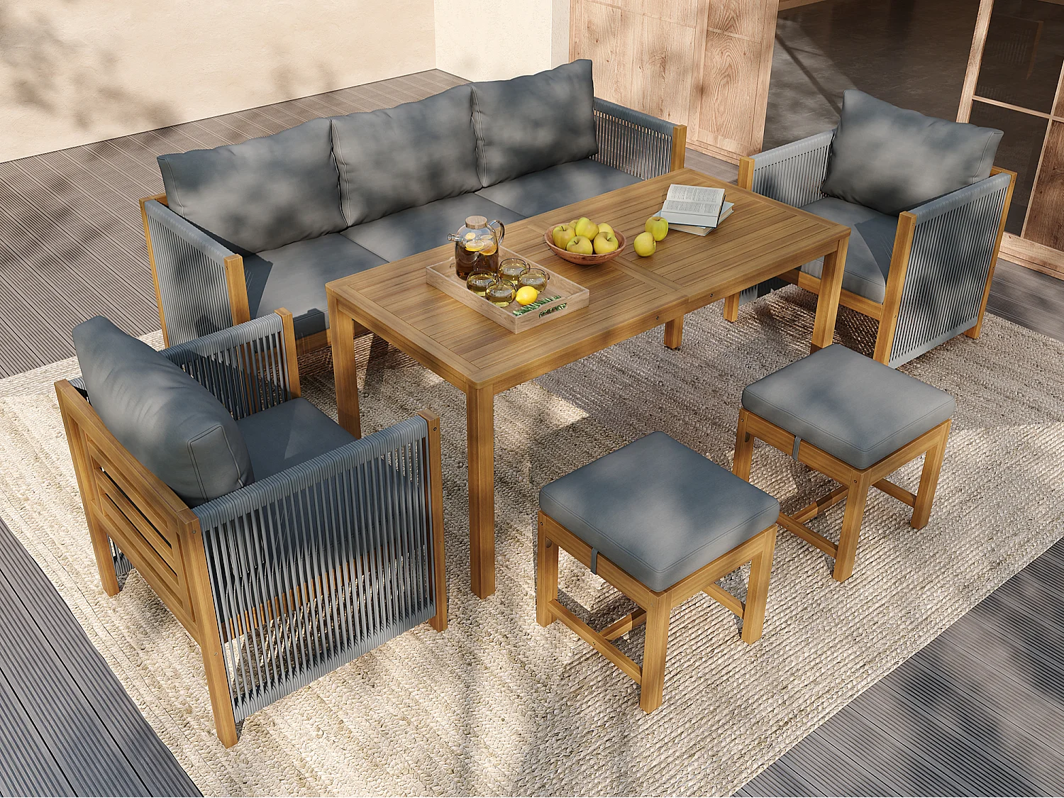 Ensemble de salle à manger de jardin pour 7 places, canapé, 2 canapés simples, 2 tabourets, table à manger, plateau en acacia, acier galvanisé, gris