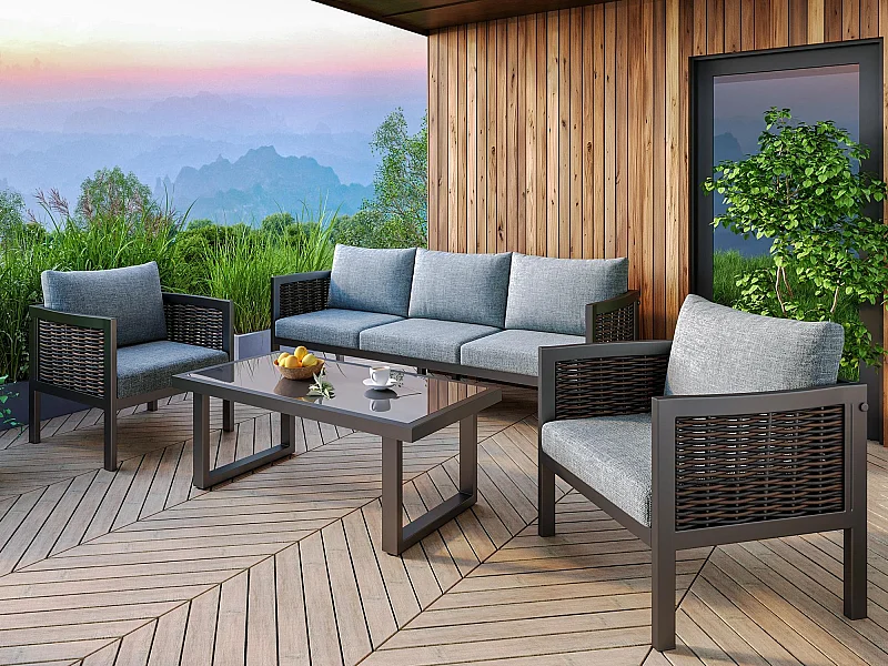 Salon de jardin, ensemble de meubles de jardin, 5 places, canapé, 2 fauteuils et table basse, extérieur, rotin PE tressé, acier galvanisé, gris