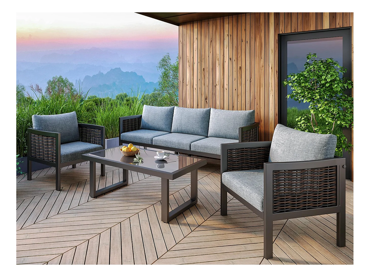 Salon de jardin, ensemble de meubles de jardin, 5 places, canapé, 2 fauteuils et table basse, extérieur, rotin PE tressé, acier galvanisé, gris