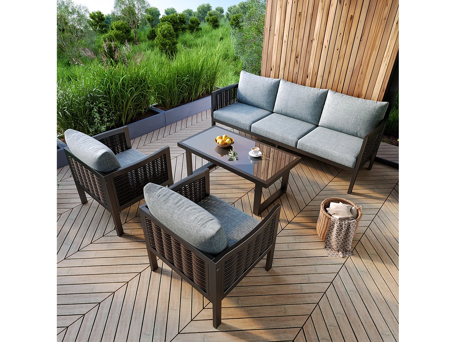 Salon de jardin, ensemble de meubles de jardin, 5 places, canapé, 2 fauteuils et table basse, extérieur, rotin PE tressé, acier galvanisé, gris