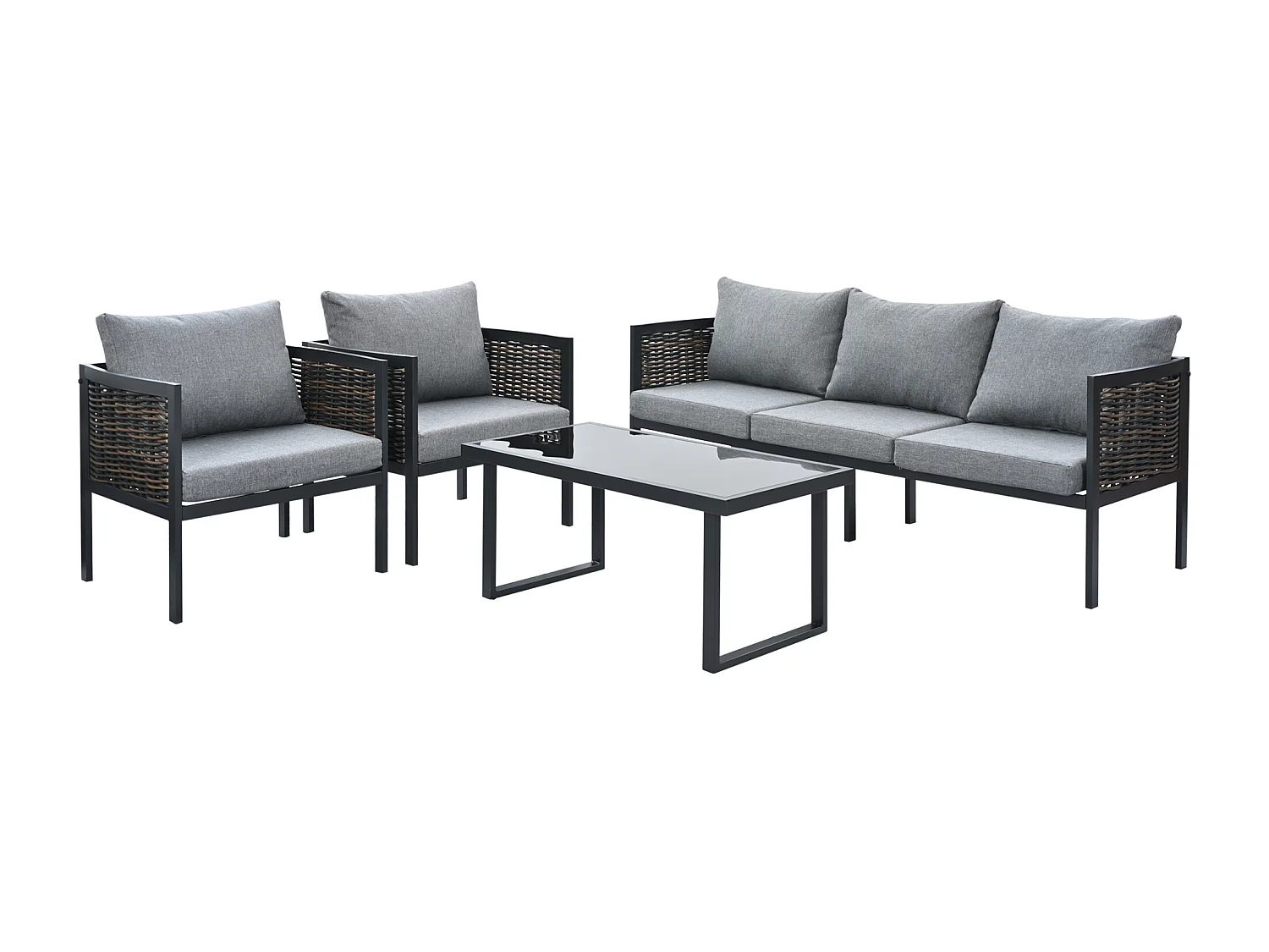 Salon de jardin, ensemble de meubles de jardin, 5 places, canapé, 2 fauteuils et table basse, extérieur, rotin PE tressé, acier galvanisé, gris