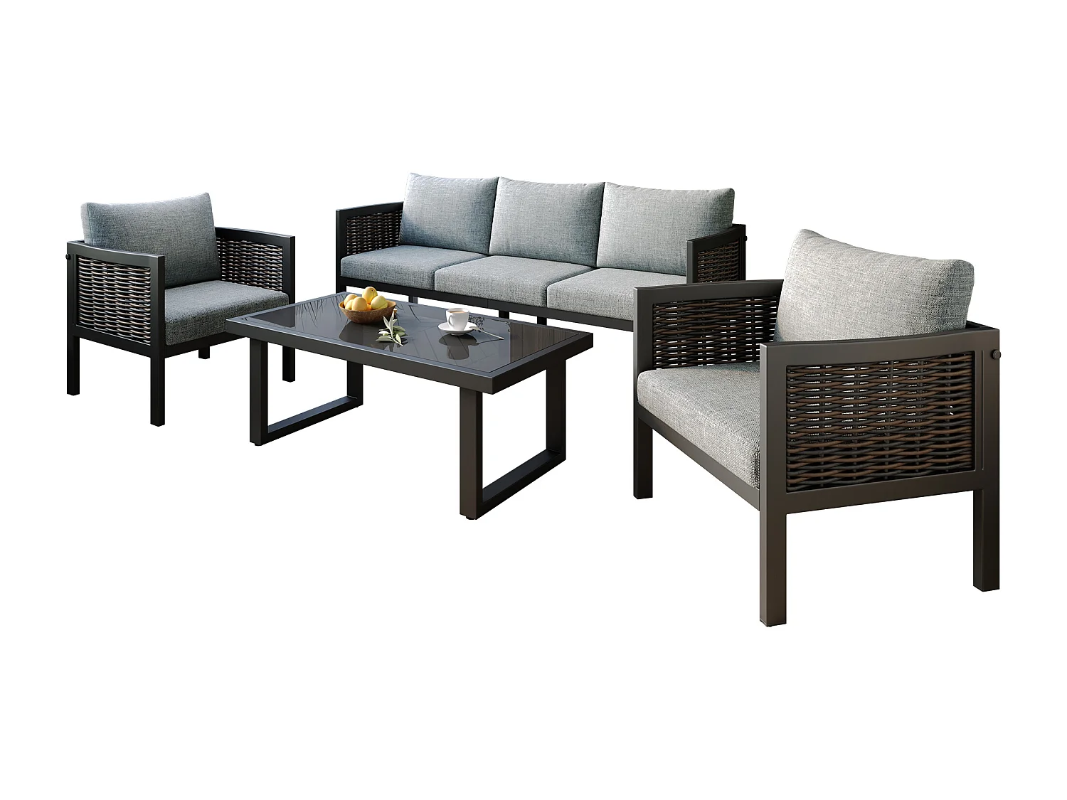 Salon de jardin, ensemble de meubles de jardin, 5 places, canapé, 2 fauteuils et table basse, extérieur, rotin PE tressé, acier galvanisé, gris