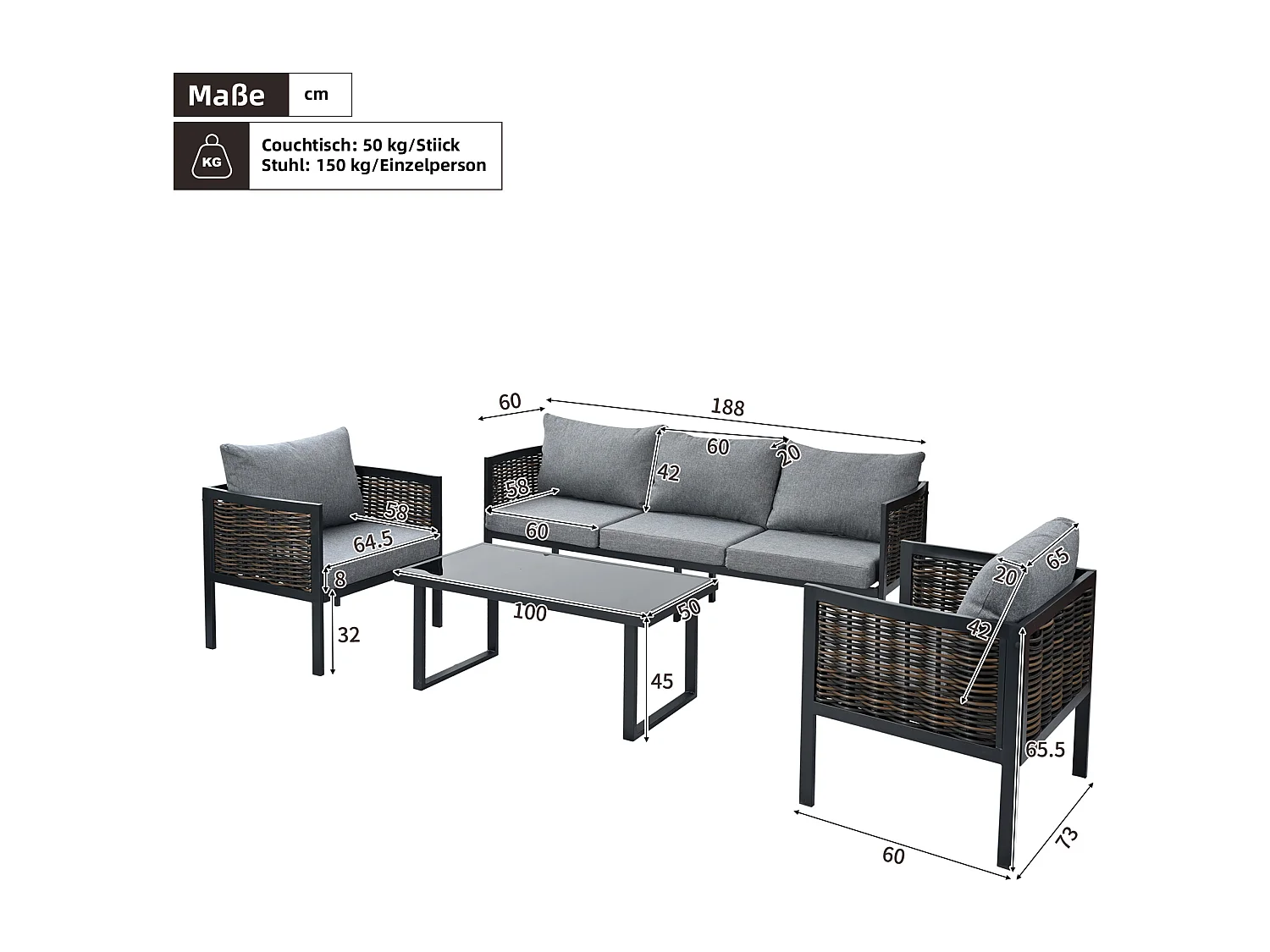 Salon de jardin, ensemble de meubles de jardin, 5 places, canapé, 2 fauteuils et table basse, extérieur, rotin PE tressé, acier galvanisé, gris