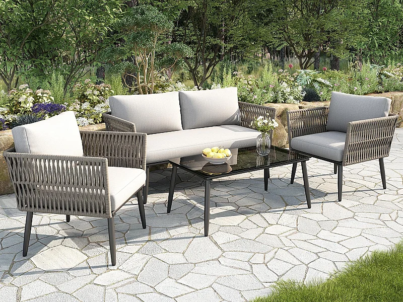 Tuinmeubilair set, tuinset voor 4 personen: bank, 2 fauteuils en salontafel, buiten, gevlochten PE touw, gegalvaniseerd staal, grijs