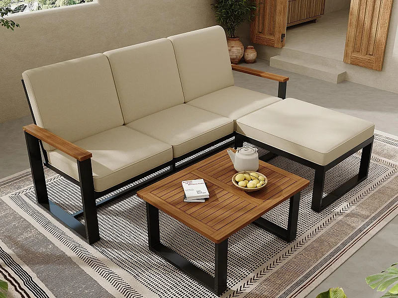 Tuinmeubilair set, hoekset voor 4 personen, bank + salontafel, van gegalvaniseerd staal, tafelblad van acaciahout, kleur beige + zwart