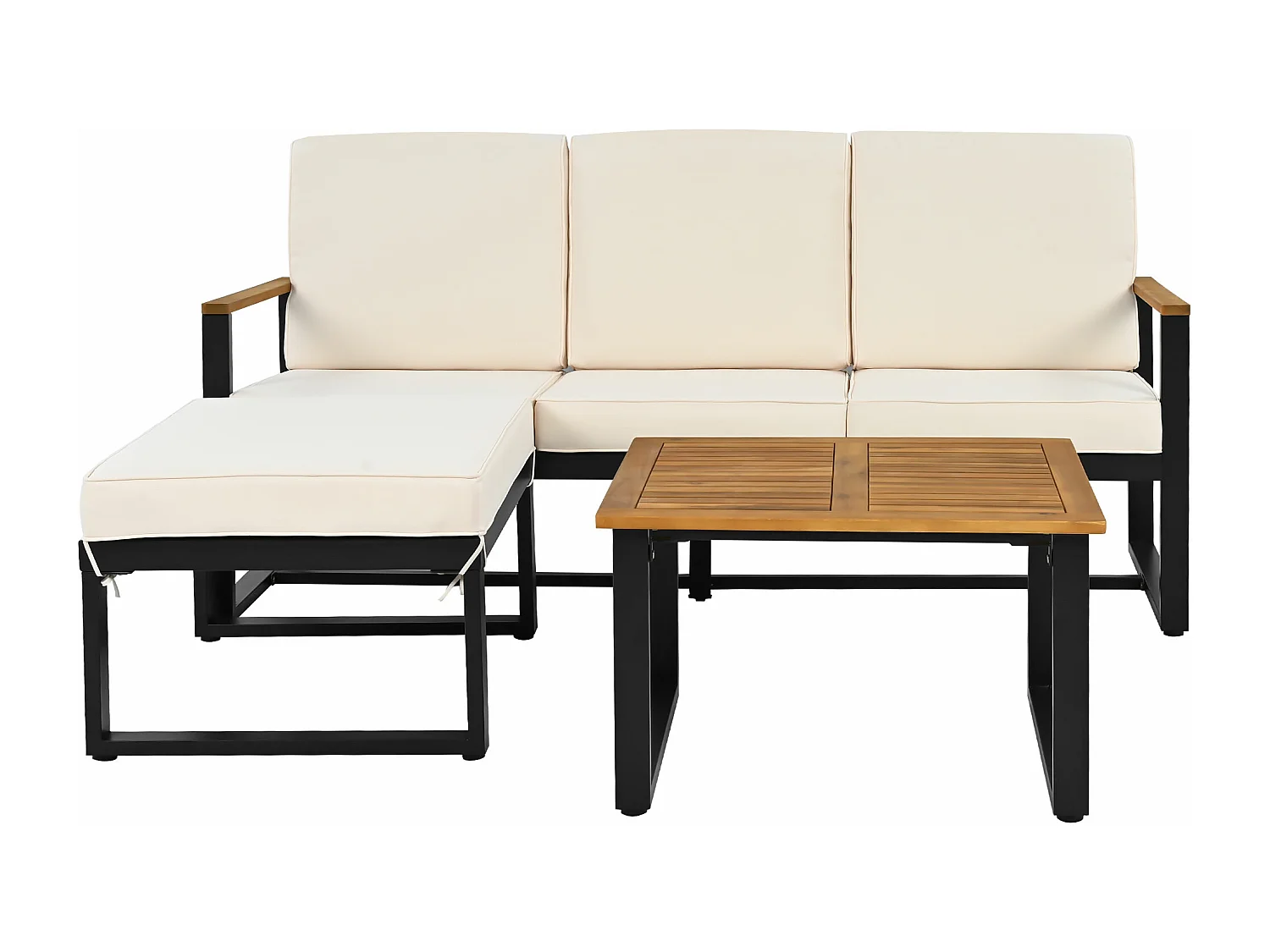 Conjunto de móveis de jardim, conjunto de canto para 4 lugares, sofá + mesa de centro, em aço galvanizado, tampo em madeira de acácia, cor bege + preto