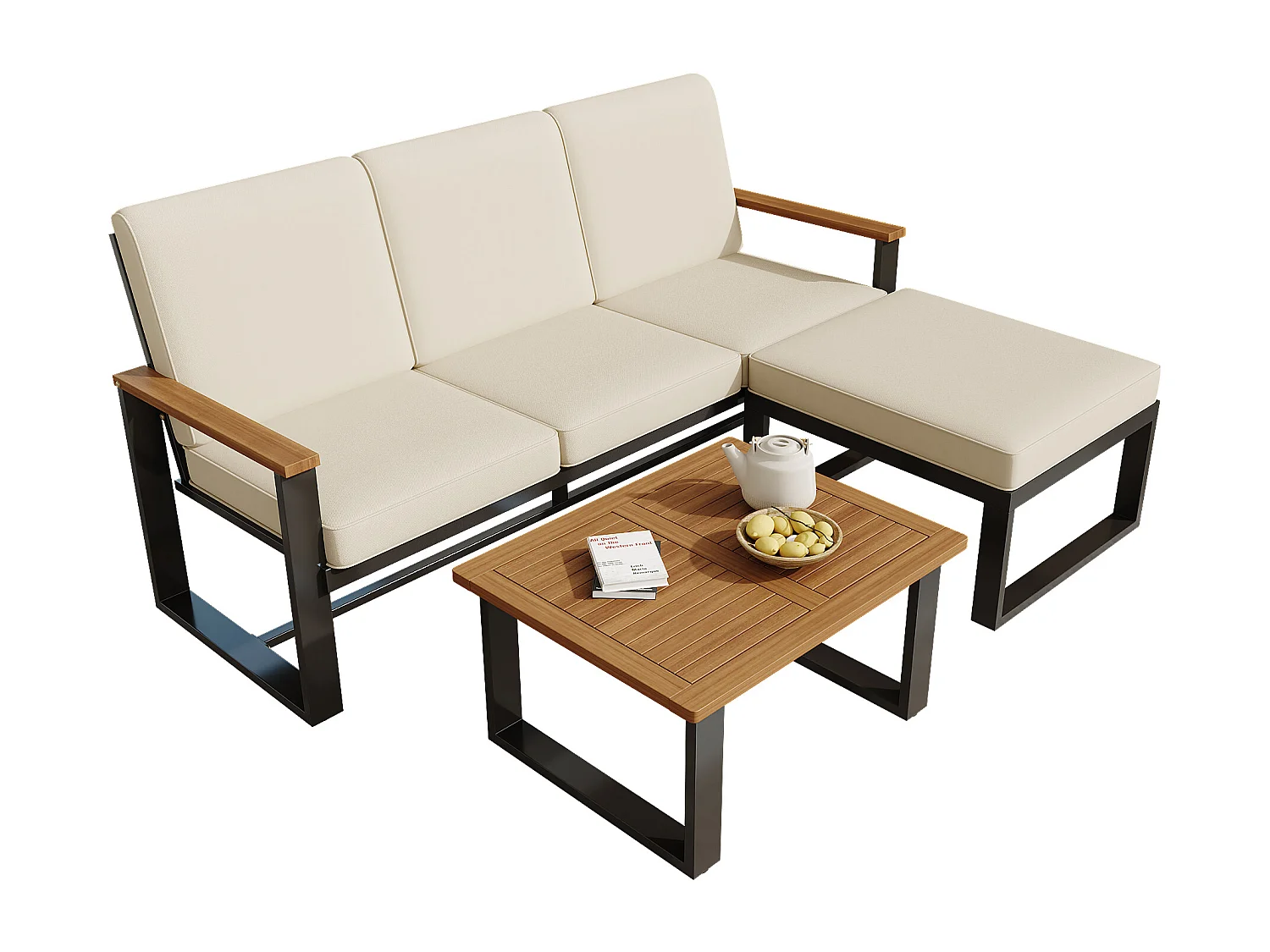 Conjunto de móveis de jardim, conjunto de canto para 4 lugares, sofá + mesa de centro, em aço galvanizado, tampo em madeira de acácia, cor bege + preto