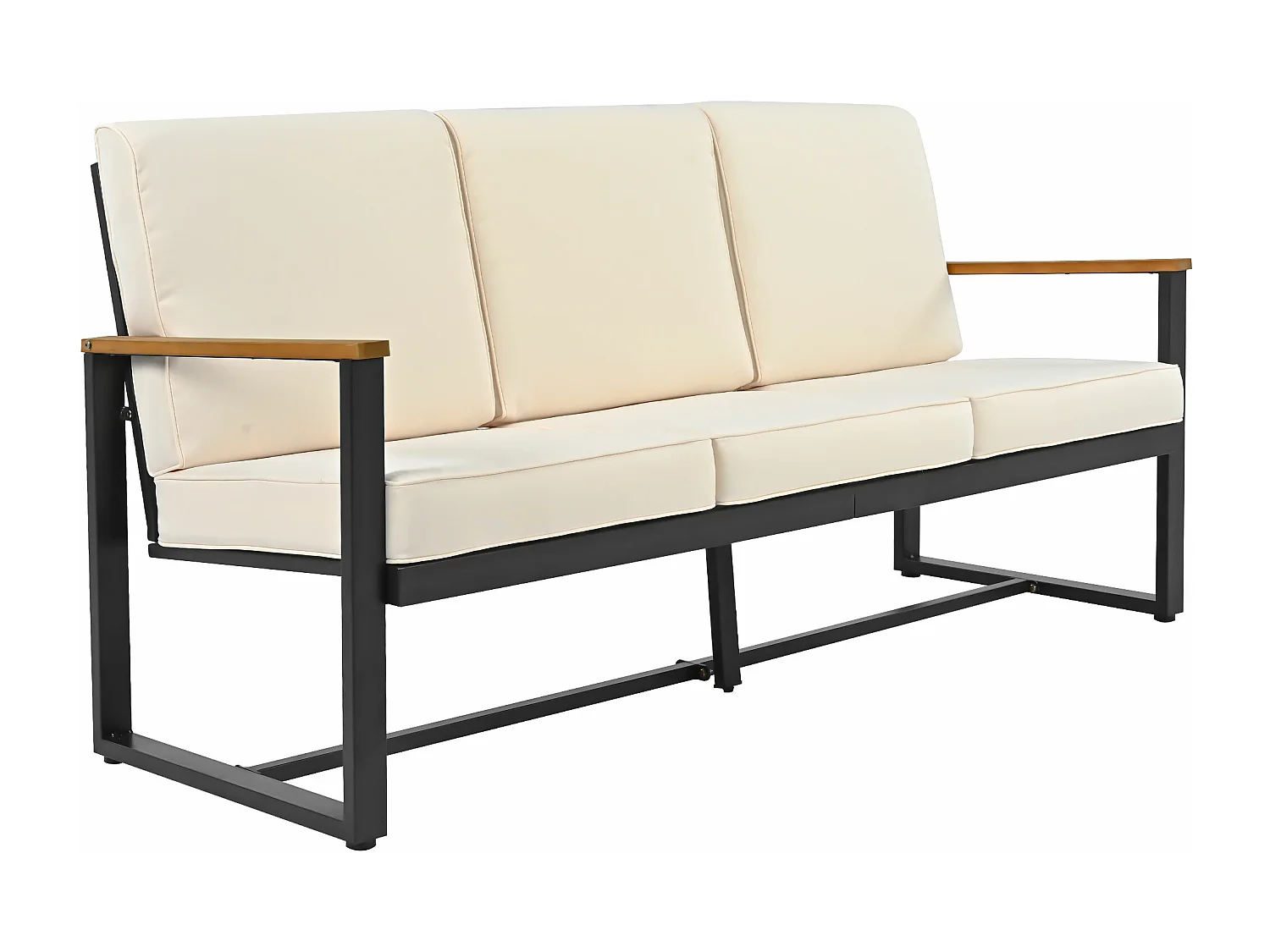 Conjunto de móveis de jardim, conjunto de canto para 4 lugares, sofá + mesa de centro, em aço galvanizado, tampo em madeira de acácia, cor bege + preto