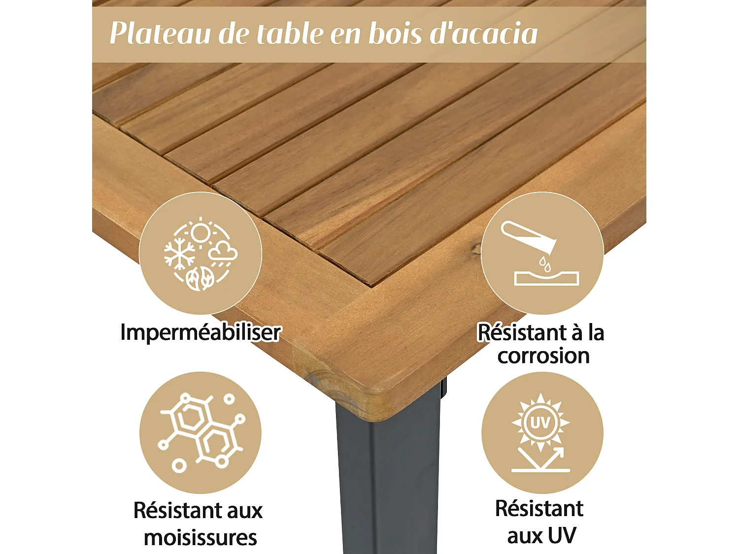 Conjunto de móveis de jardim, conjunto de canto para 4 lugares, sofá + mesa de centro, em aço galvanizado, tampo em madeira de acácia, cor bege + preto