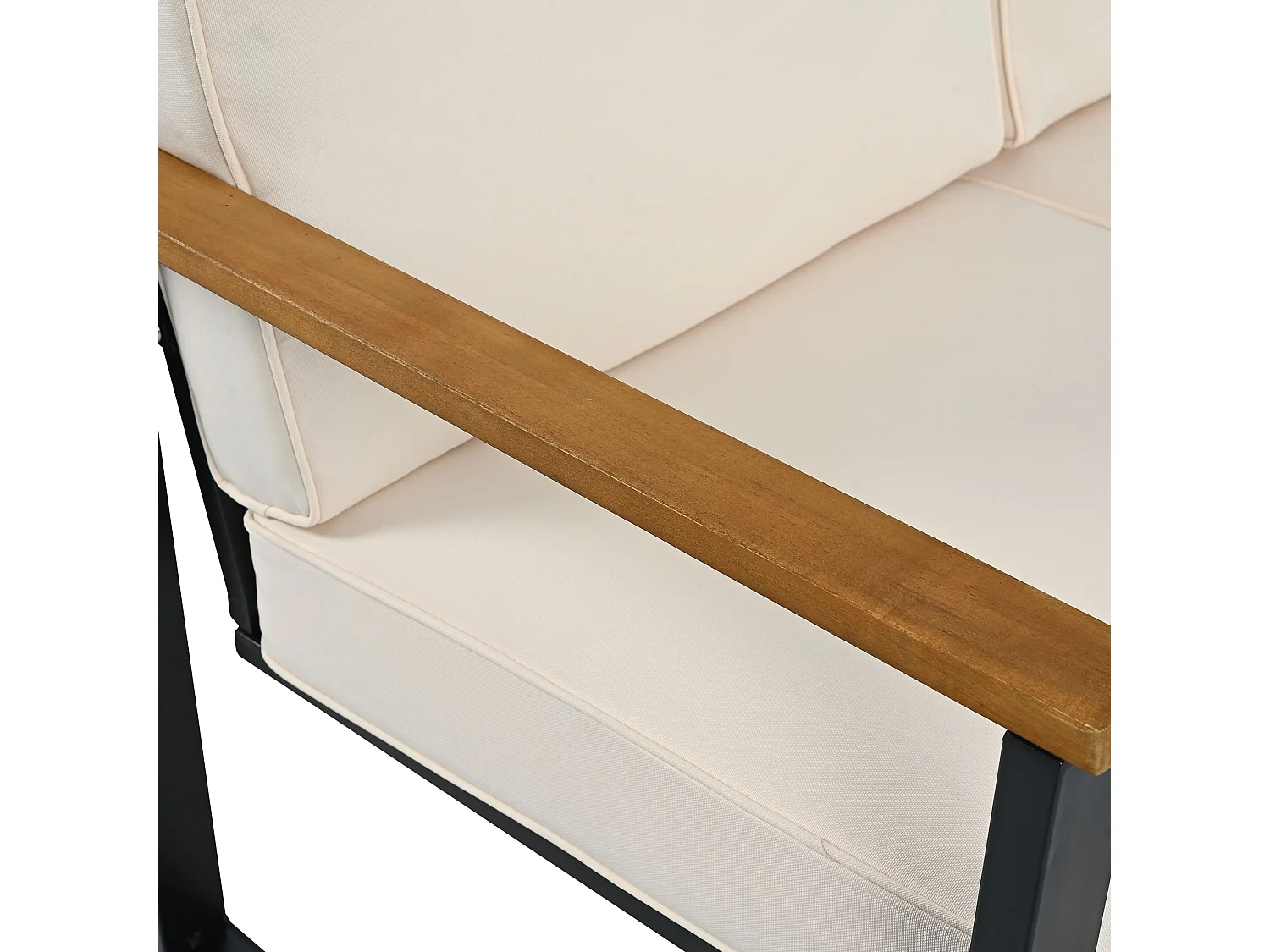 Conjunto de móveis de jardim, conjunto de canto para 4 lugares, sofá + mesa de centro, em aço galvanizado, tampo em madeira de acácia, cor bege + preto