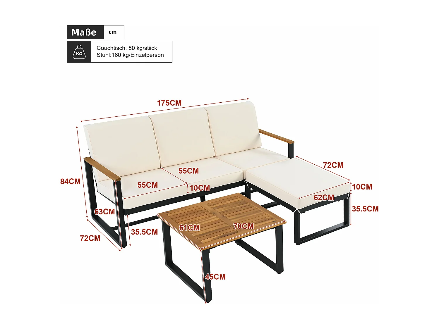 Conjunto de móveis de jardim, conjunto de canto para 4 lugares, sofá + mesa de centro, em aço galvanizado, tampo em madeira de acácia, cor bege + preto