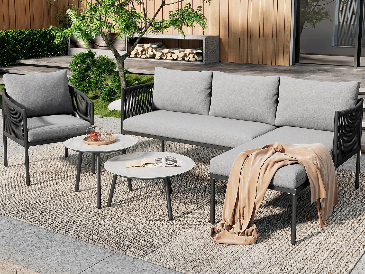 Conjunto de móveis de jardim, sofá de canto para 5 lugares: sofá angular, 1 cadeira de braços e 2 mesas de centro, exterior, aço galvanizado, cor cinza