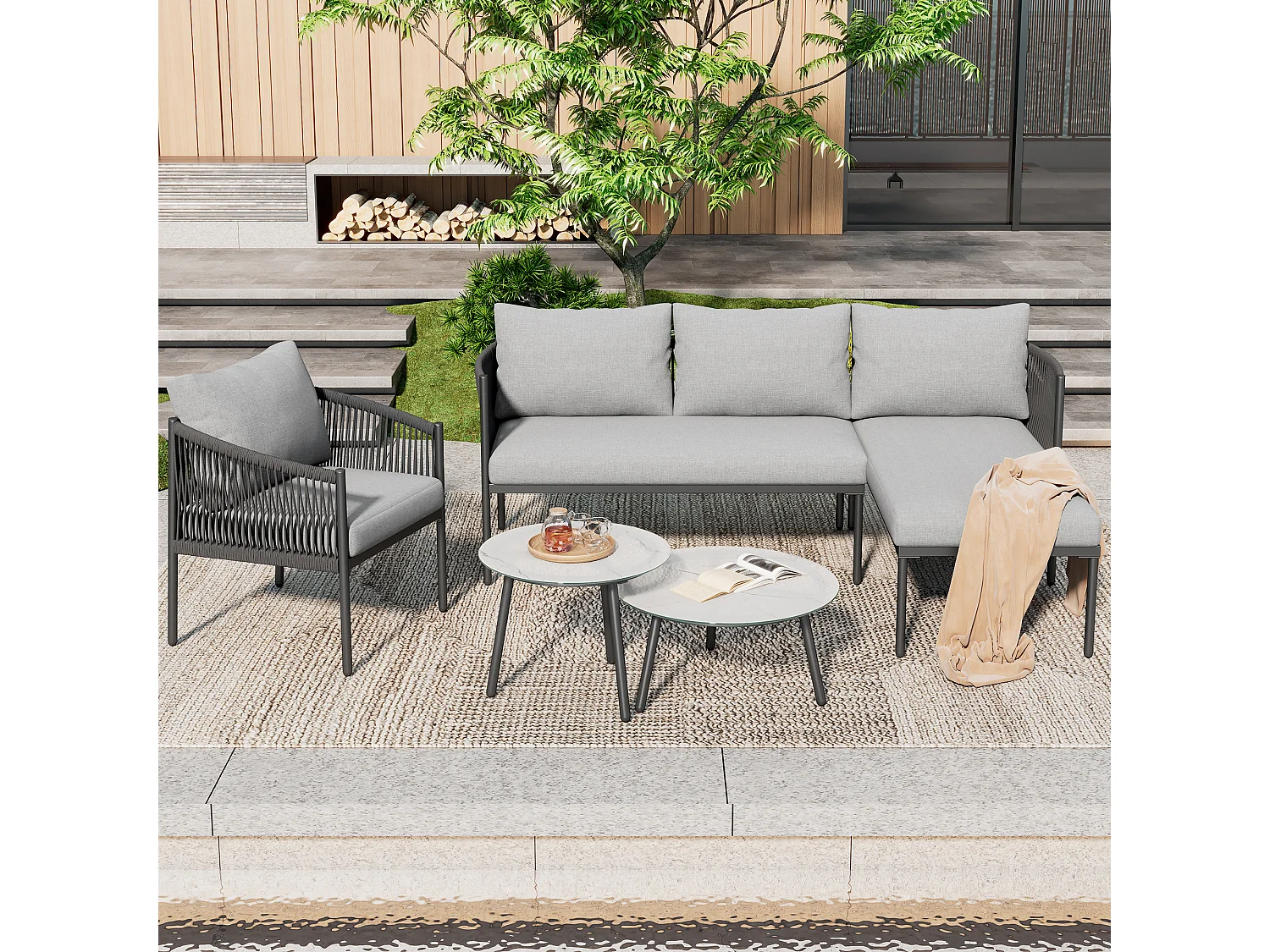 Conjunto de móveis de jardim, sofá de canto para 5 lugares: sofá angular, 1 cadeira de braços e 2 mesas de centro, exterior, aço galvanizado, cor cinza