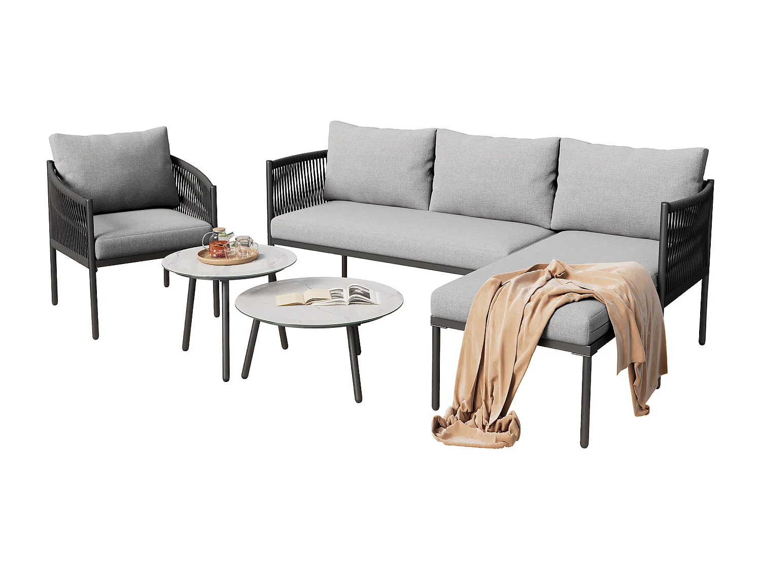 Conjunto de móveis de jardim, sofá de canto para 5 lugares: sofá angular, 1 cadeira de braços e 2 mesas de centro, exterior, aço galvanizado, cor cinza