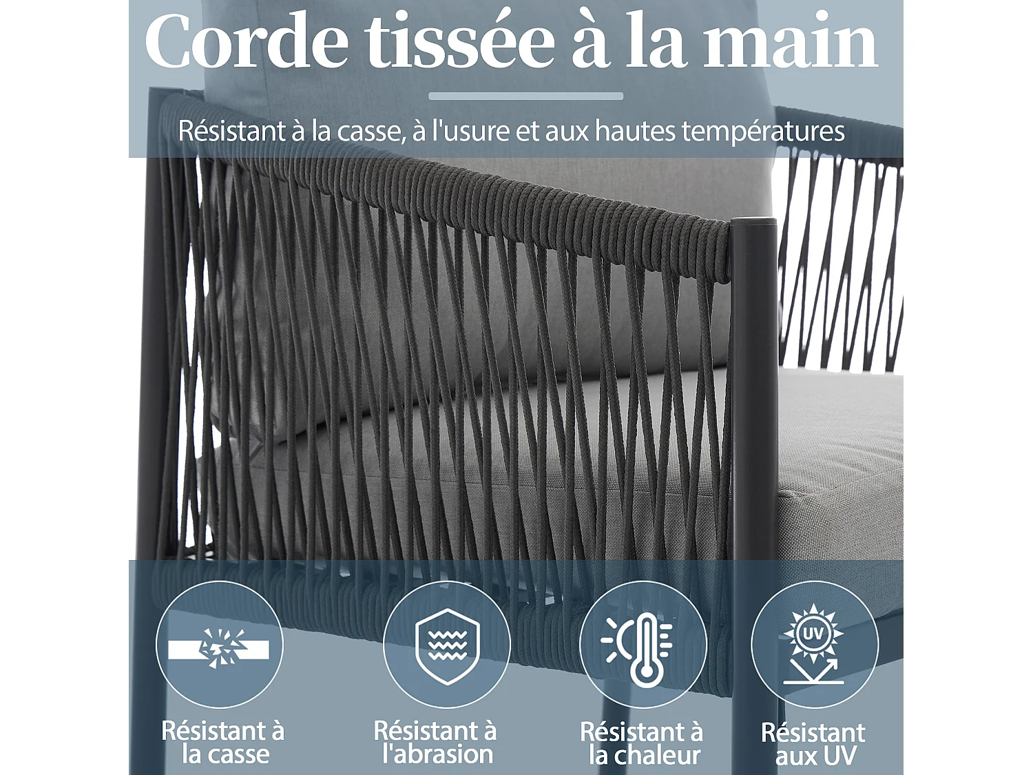 Conjunto de móveis de jardim, sofá de canto para 5 lugares: sofá angular, 1 cadeira de braços e 2 mesas de centro, exterior, aço galvanizado, cor cinza