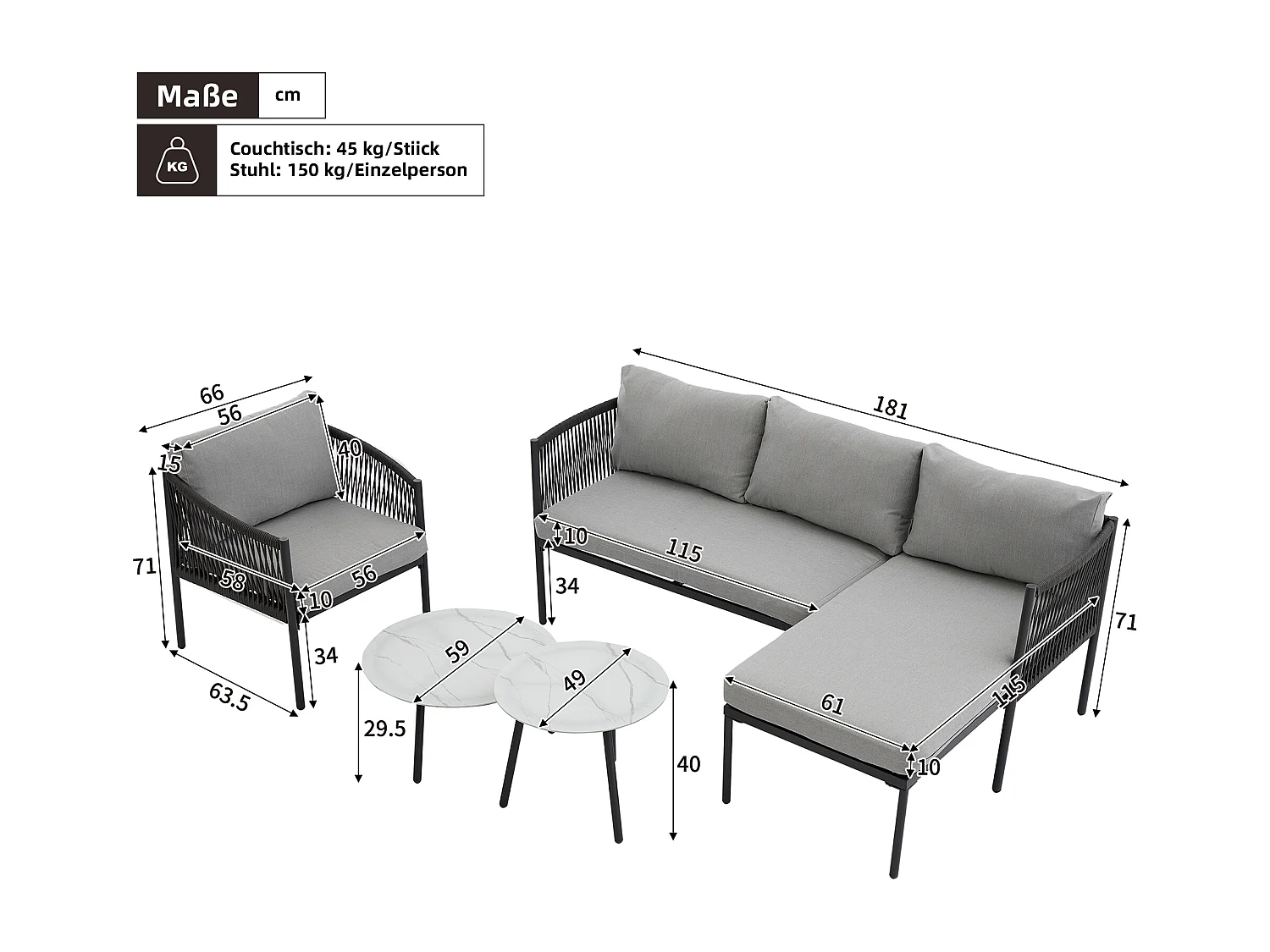 Conjunto de móveis de jardim, sofá de canto para 5 lugares: sofá angular, 1 cadeira de braços e 2 mesas de centro, exterior, aço galvanizado, cor cinza