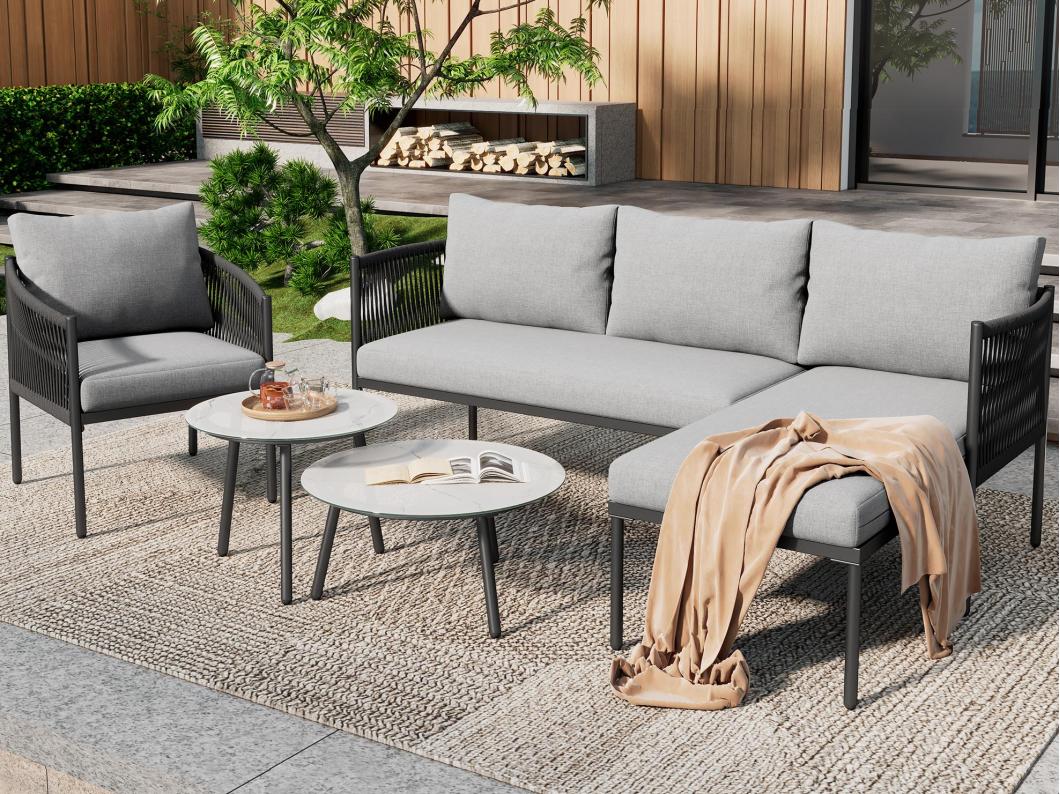 Tuinmeubelset, hoekbankset voor 5 personen: hoekbank, 1 fauteuil en 2 salontafels, voor buiten, gegalvaniseerd staal, grijs
