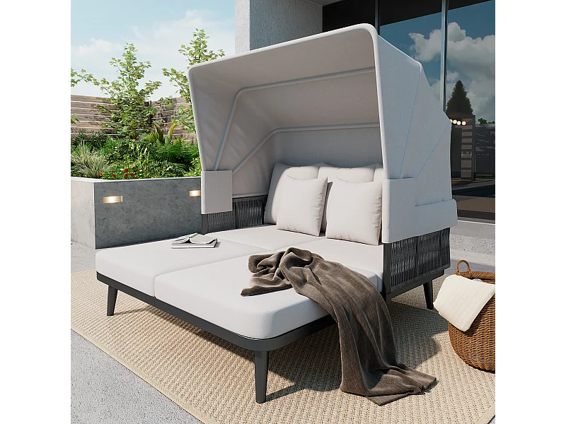 Leżak - Zestaw ogrodowy - kanapa ogrodowa - ze stali ocynkowanej - 2 miejsca - z regulowanym daszkiem - Szary