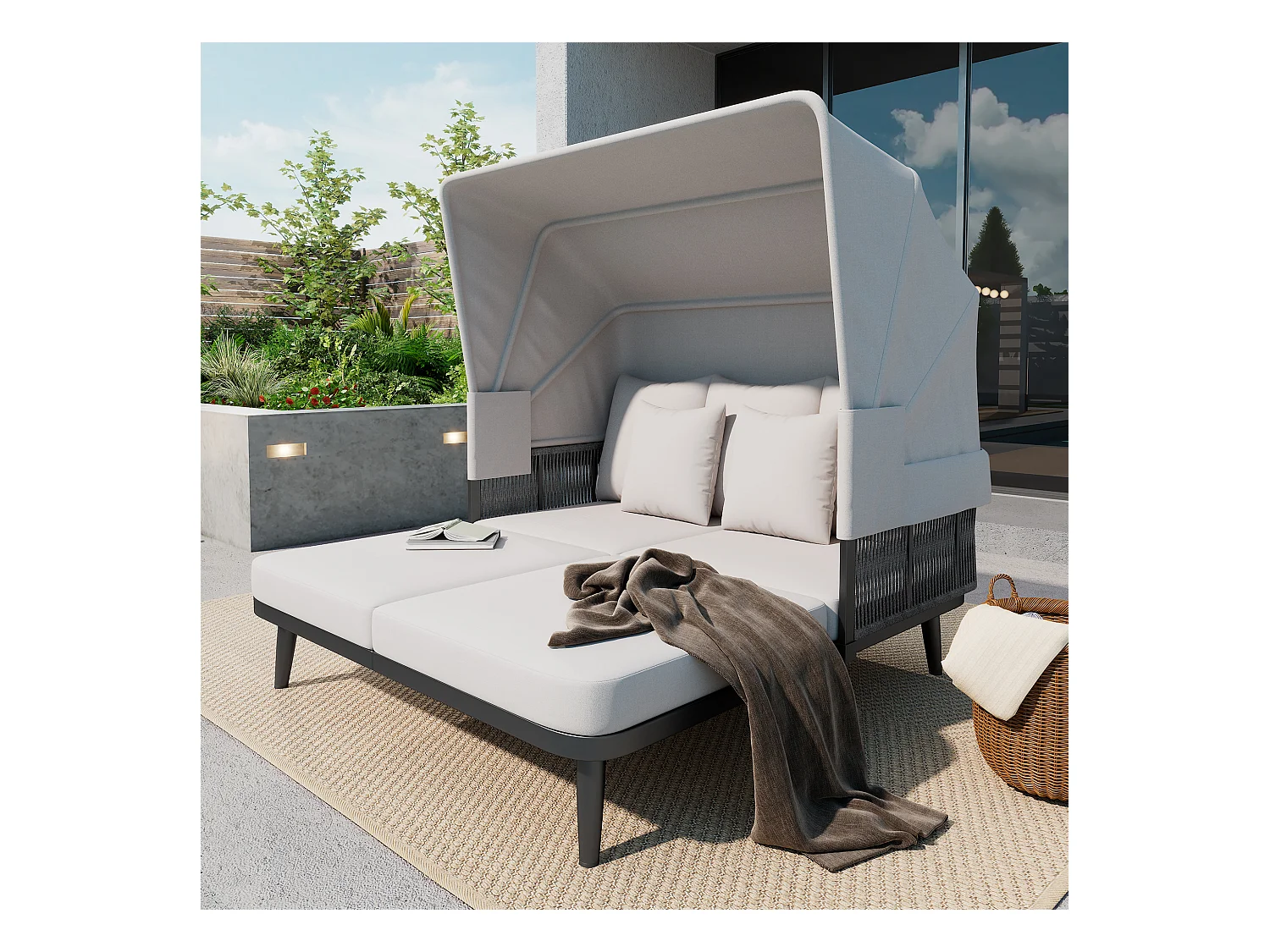 Leżak - Zestaw ogrodowy - kanapa ogrodowa - ze stali ocynkowanej - 2 miejsca - z regulowanym daszkiem - Szary