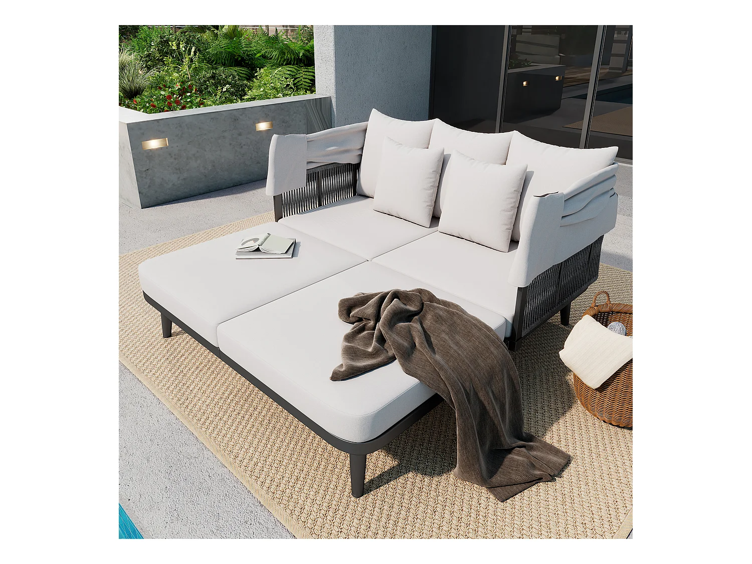 Leżak - Zestaw ogrodowy - kanapa ogrodowa - ze stali ocynkowanej - 2 miejsca - z regulowanym daszkiem - Szary