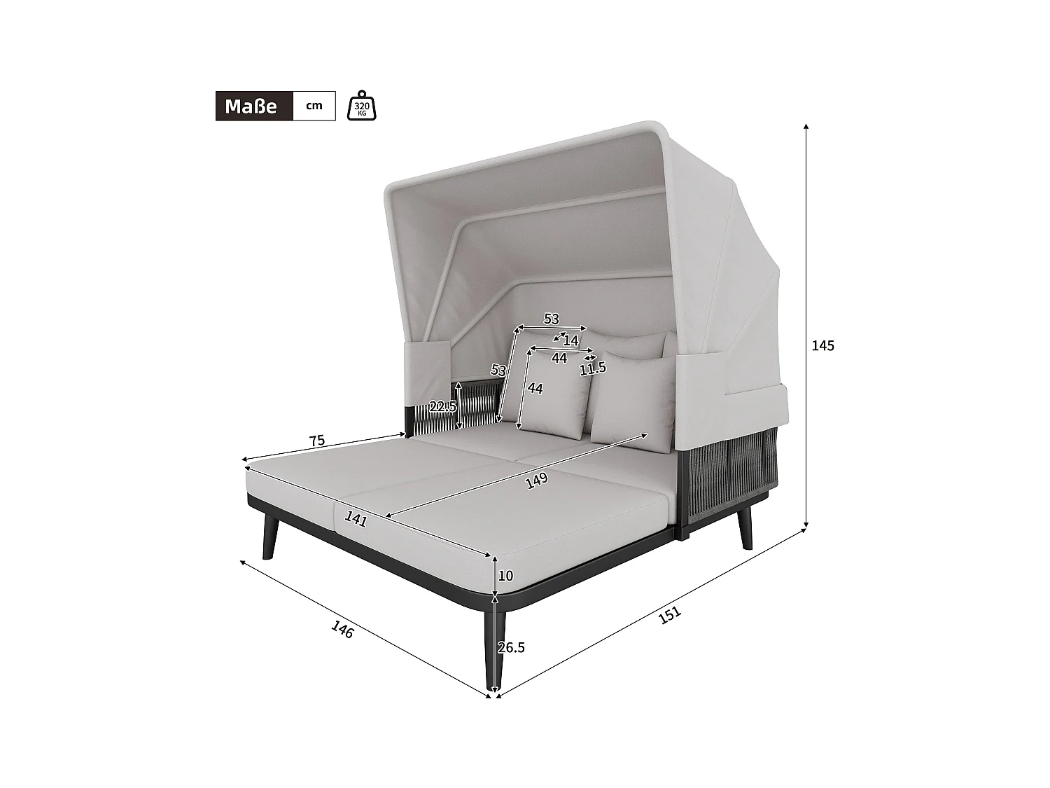 Leżak - Zestaw ogrodowy - kanapa ogrodowa - ze stali ocynkowanej - 2 miejsca - z regulowanym daszkiem - Szary