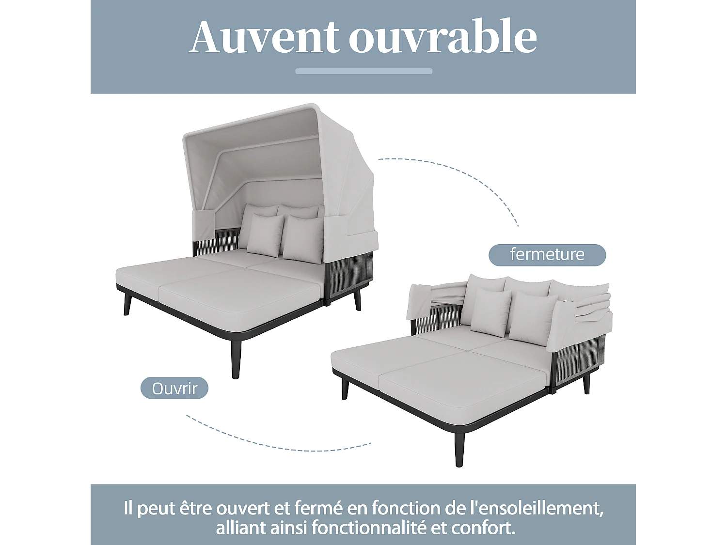 Bain de soleil - Salon de jardin - canapé de jardin - en acier galvanisé - 2 places - avec Pare soleil réglable - Gris