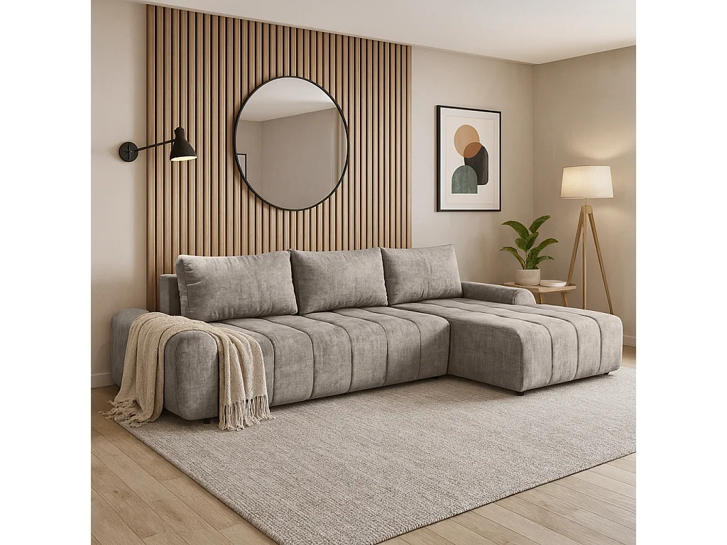 Ecksofa Costa L - mit Schlaffunktion & Bettkasten – Stoff Vogue in Cappuccino, Ottomane rechts