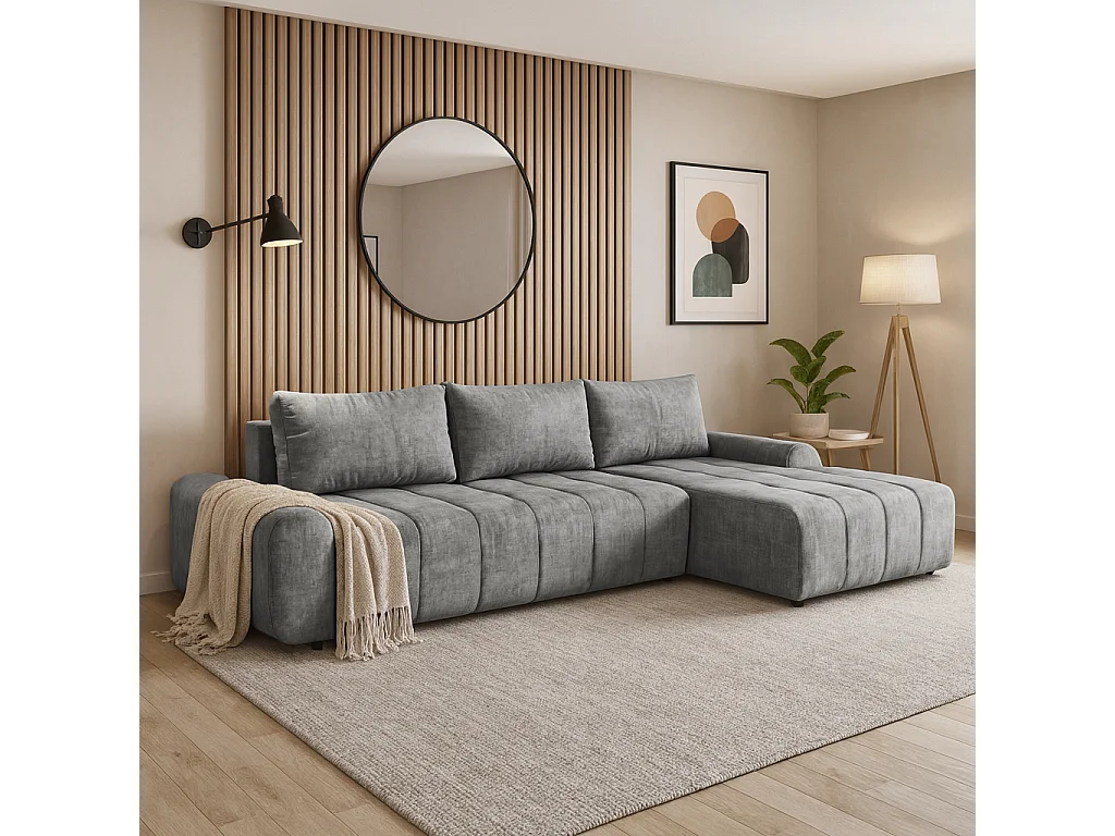 Ecksofa Costa L - mit Schlaffunktion & Bettkasten – Stoff Vogue in Grau, Ottomane rechts