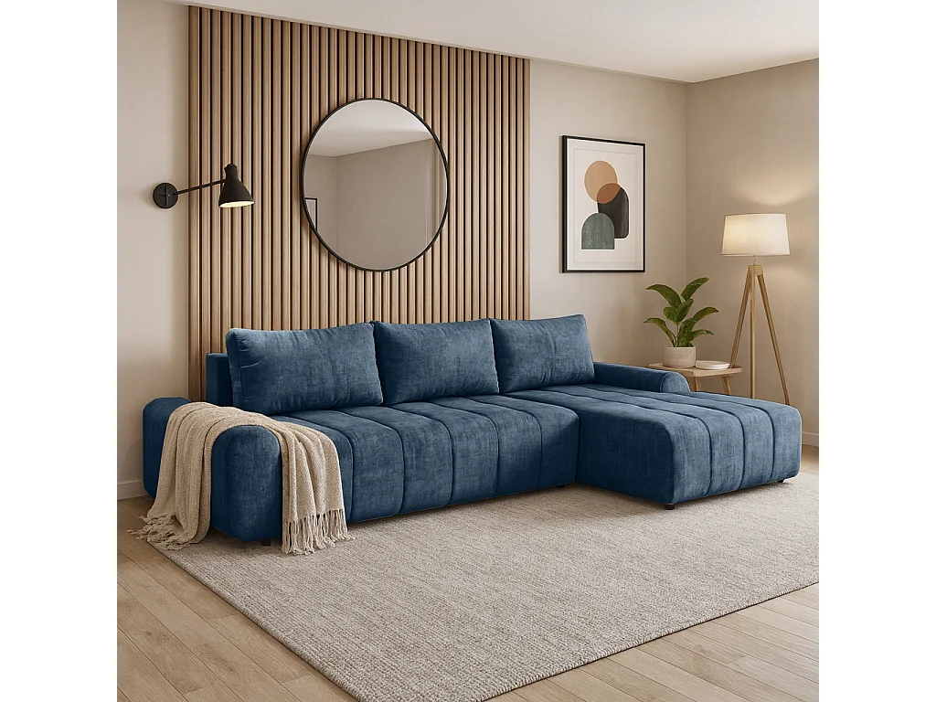 Ecksofa Costa L - mit Schlaffunktion & Bettkasten – Stoff Vogue in Blau, Ottomane rechts
