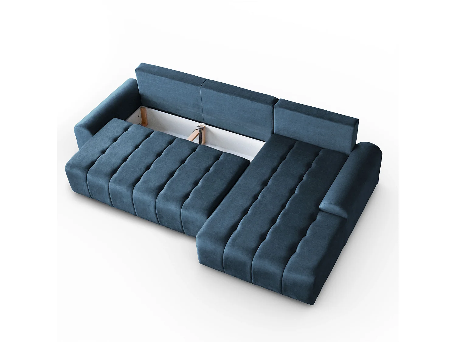 Ecksofa Costa L - mit Schlaffunktion & Bettkasten – Stoff Vogue in Blau, Ottomane rechts