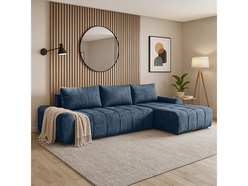 Ecksofa Costa L - mit Schlaffunktion & Bettkasten – Stoff Vogue in Blau, Ottomane rechts