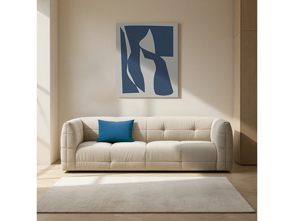 Naos - Canapé droit 3 places en tissu à effet capitonné - Naturel