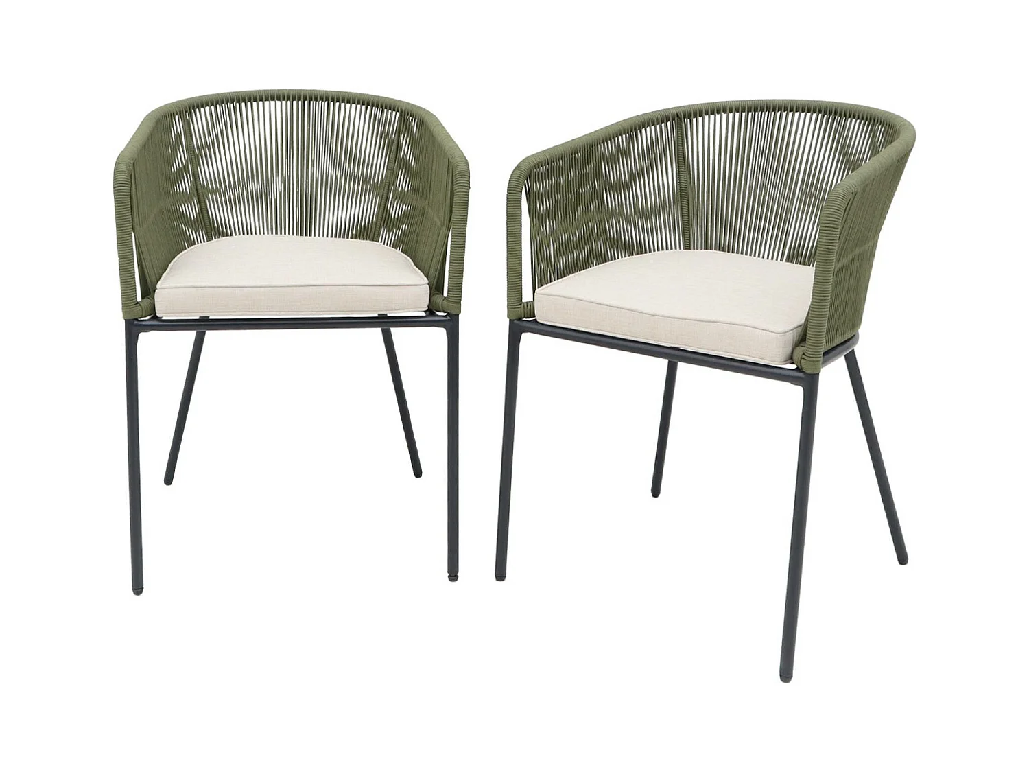 Lot de 2 fauteuils de jardin en corde kaki et acier galvanisé. coussins beige
