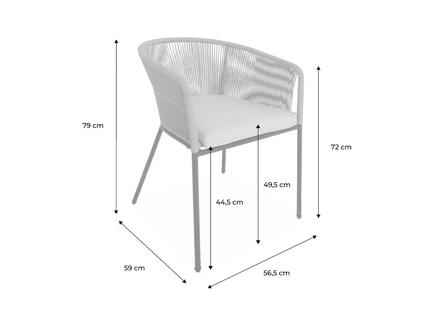 Lot de 2 fauteuils de jardin en corde kaki et acier galvanisé. coussins beige