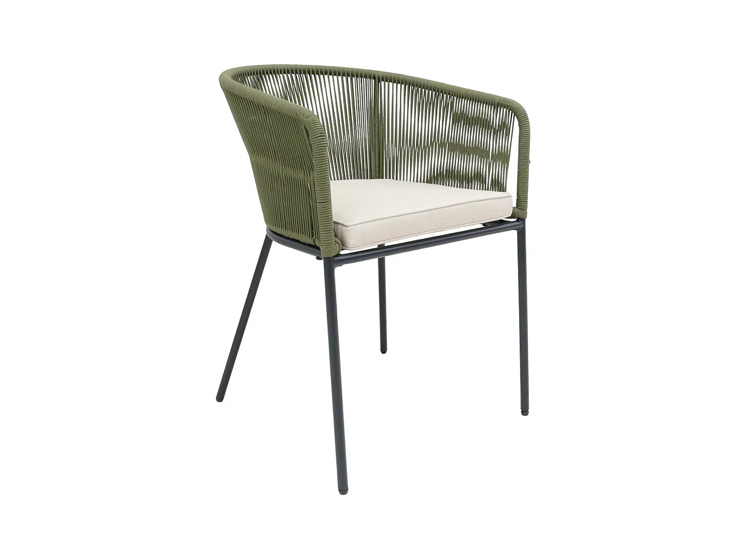 Lot de 2 fauteuils de jardin en corde kaki et acier galvanisé. coussins beige