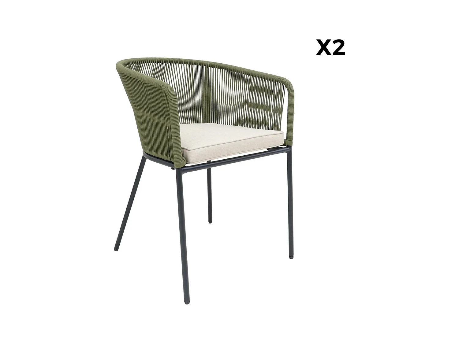 Lot de 2 fauteuils de jardin en corde kaki et acier galvanisé. coussins beige